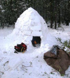 This under-construction igloo was built using several survival tools, including a machete.