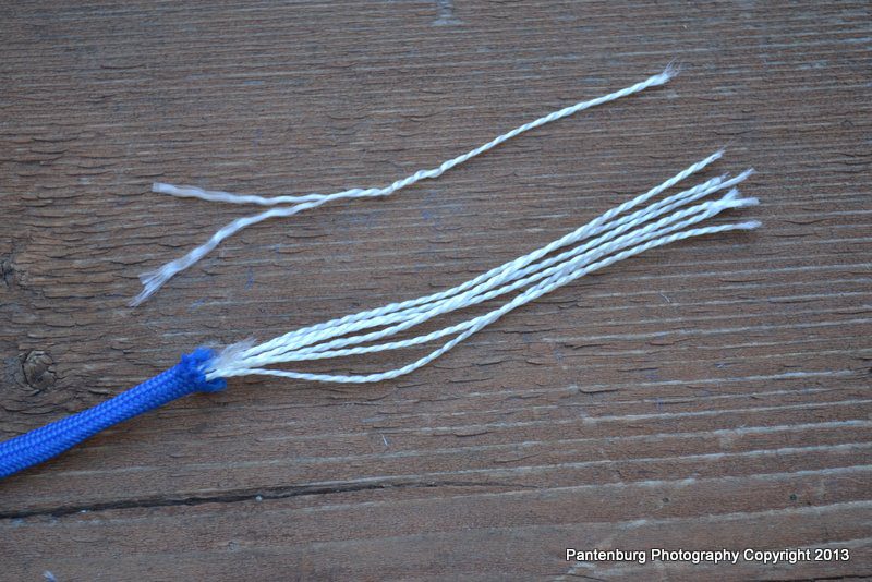550 paracord has seven filaments of nylon thread in a plastic sleeve. Each filament is about 30-pound test and can work in a pinch as fishing line.