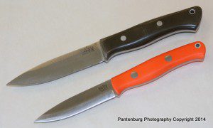 The Aurora, top, is Bark River's premier bushcraft knife. For people wanting a smaller knife, the Liten Bror is a good choice.
