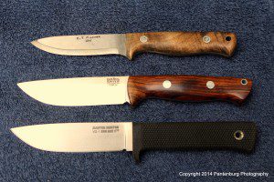 The C.T. Fischer Bushcraft Knife, top, Bark River Bravo and Cold Steel Master Hunter all have similar designs.