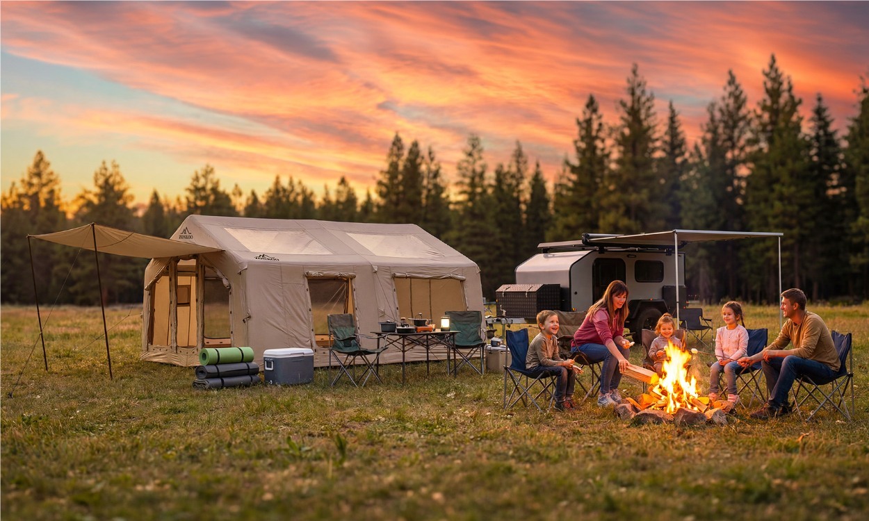 family camping sitting around campfire at sunset