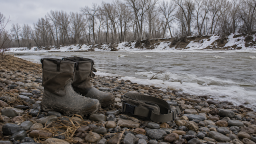 fishing boots next to an icy river