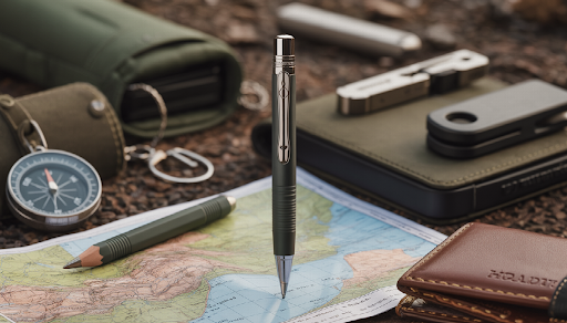 Grafton mechanical pencil sitting upright pointing to topographical map